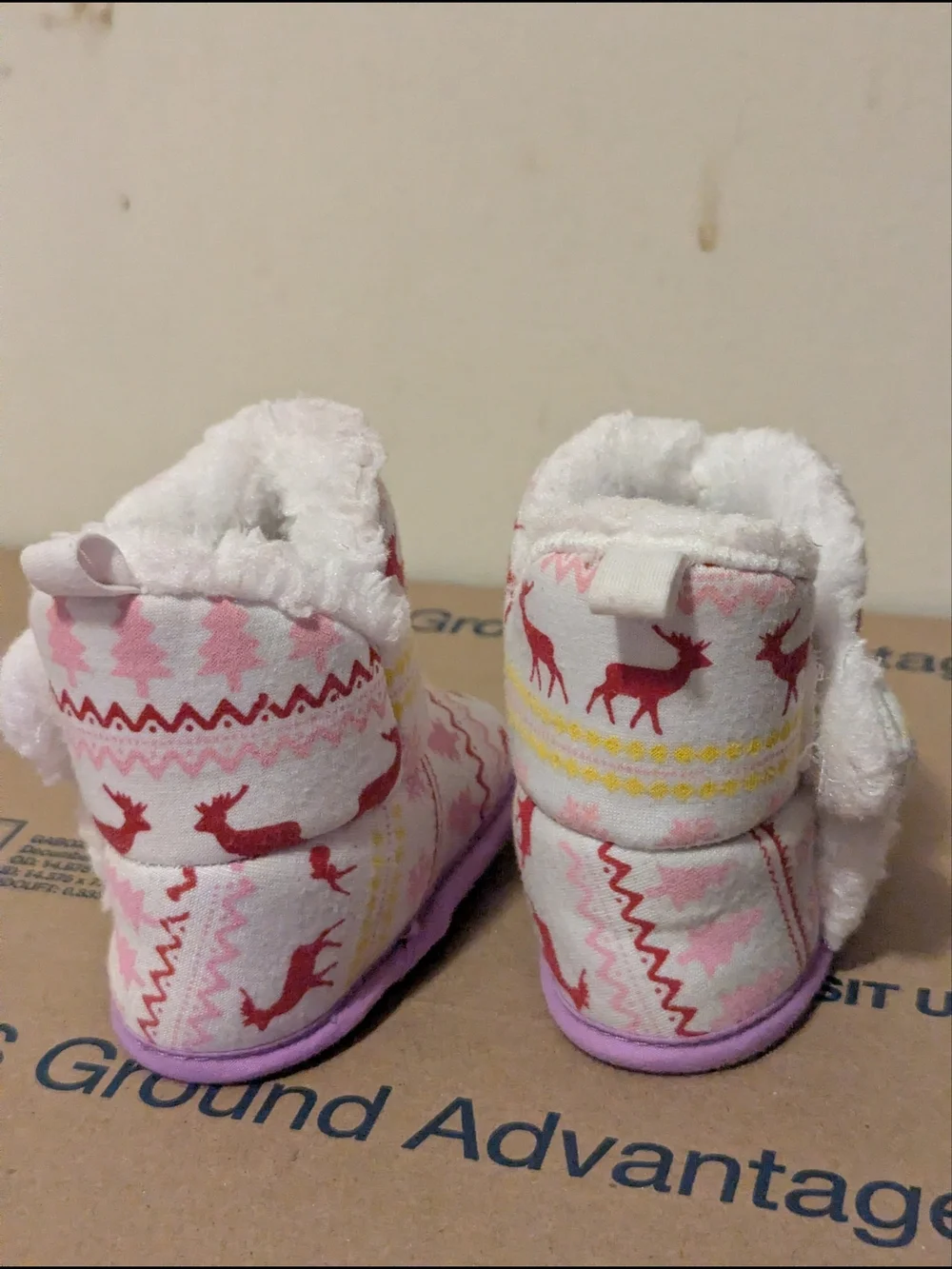 Baby Pink Reindeer Winter Fleece Booties Soft Sole Slippers Estimated Size 0-6M